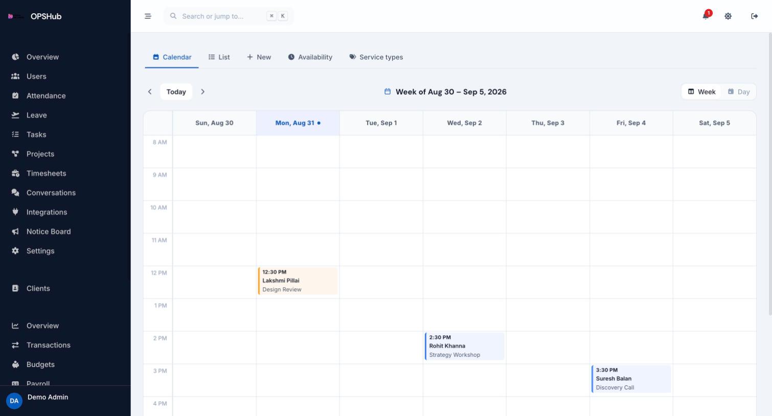 OpsHub appointments week calendar showing booked slots across days and hours, with tabs for calendar, list, availability and service types.