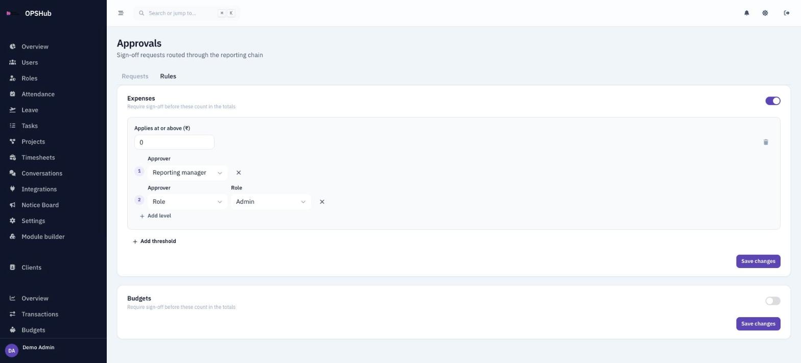 OpsHub approval rules for expenses: an amount threshold with two levels, the first approved by the reporting manager and the second by the Admin role, with Add level and Add threshold actions.