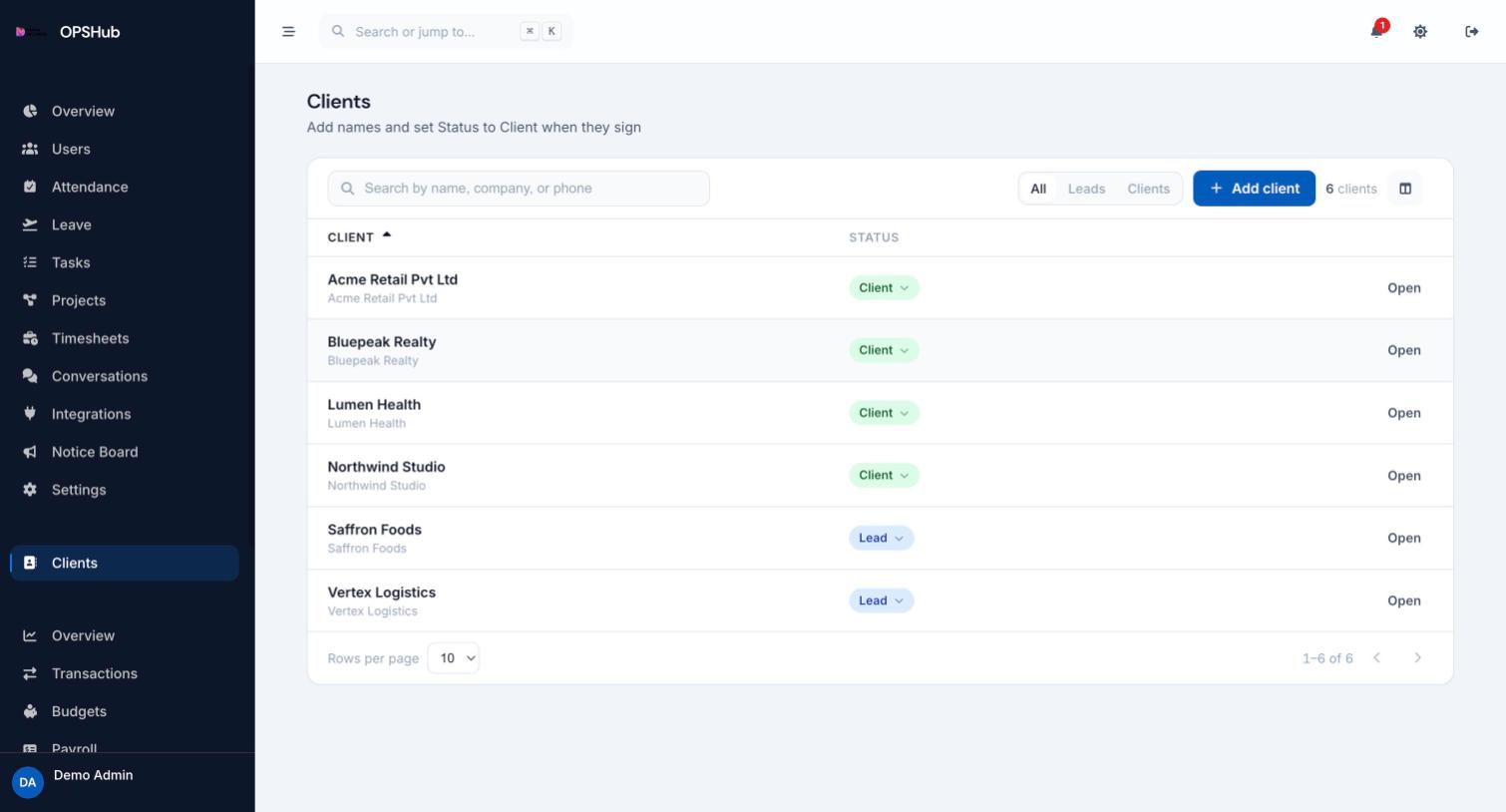 OpsHub clients list showing each company with a lead or client status badge and an action to open the full record.