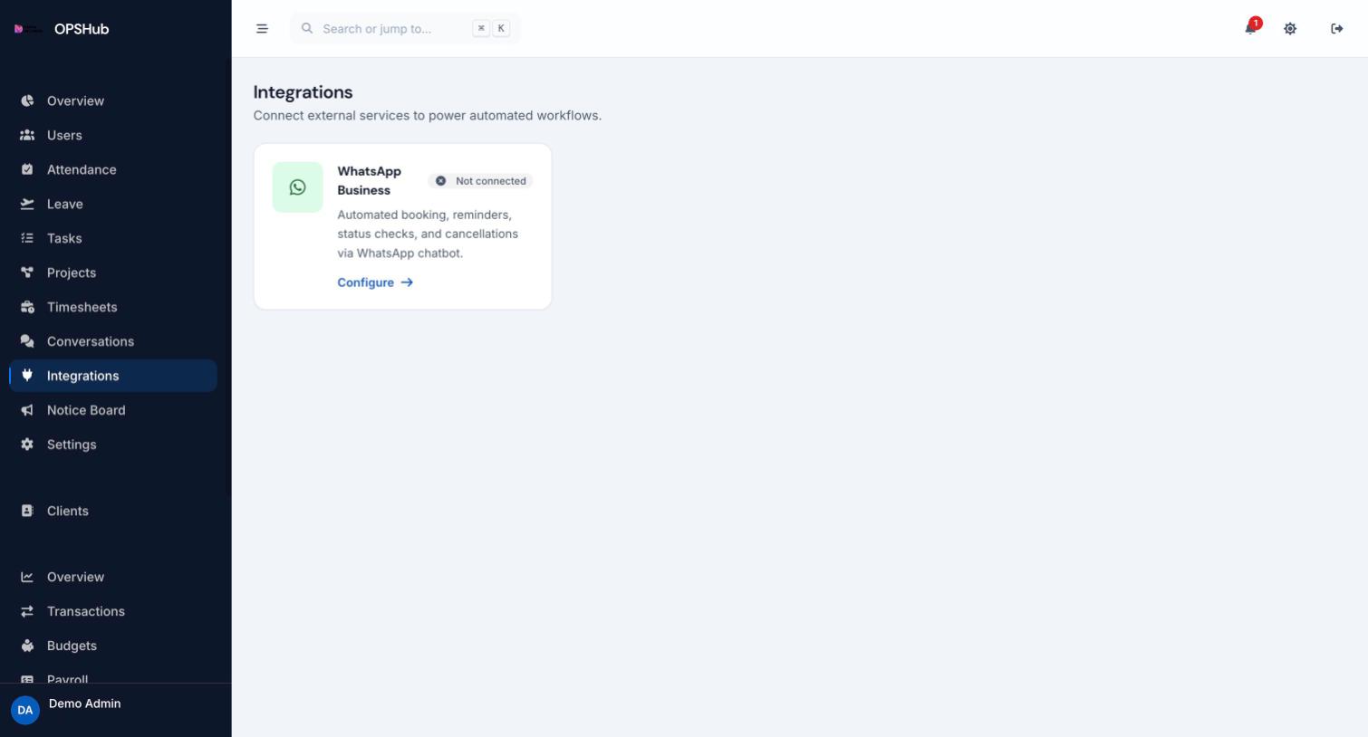 OpsHub integrations screen showing the WhatsApp Business connector for automated booking, reminders and status checks.