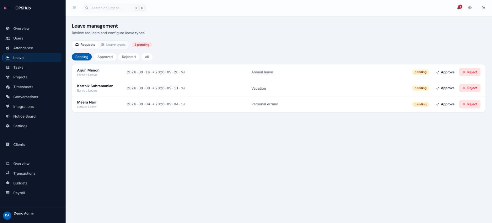 OpsHub leave management screen listing pending and approved leave requests with employee, leave type, date range and approval action.