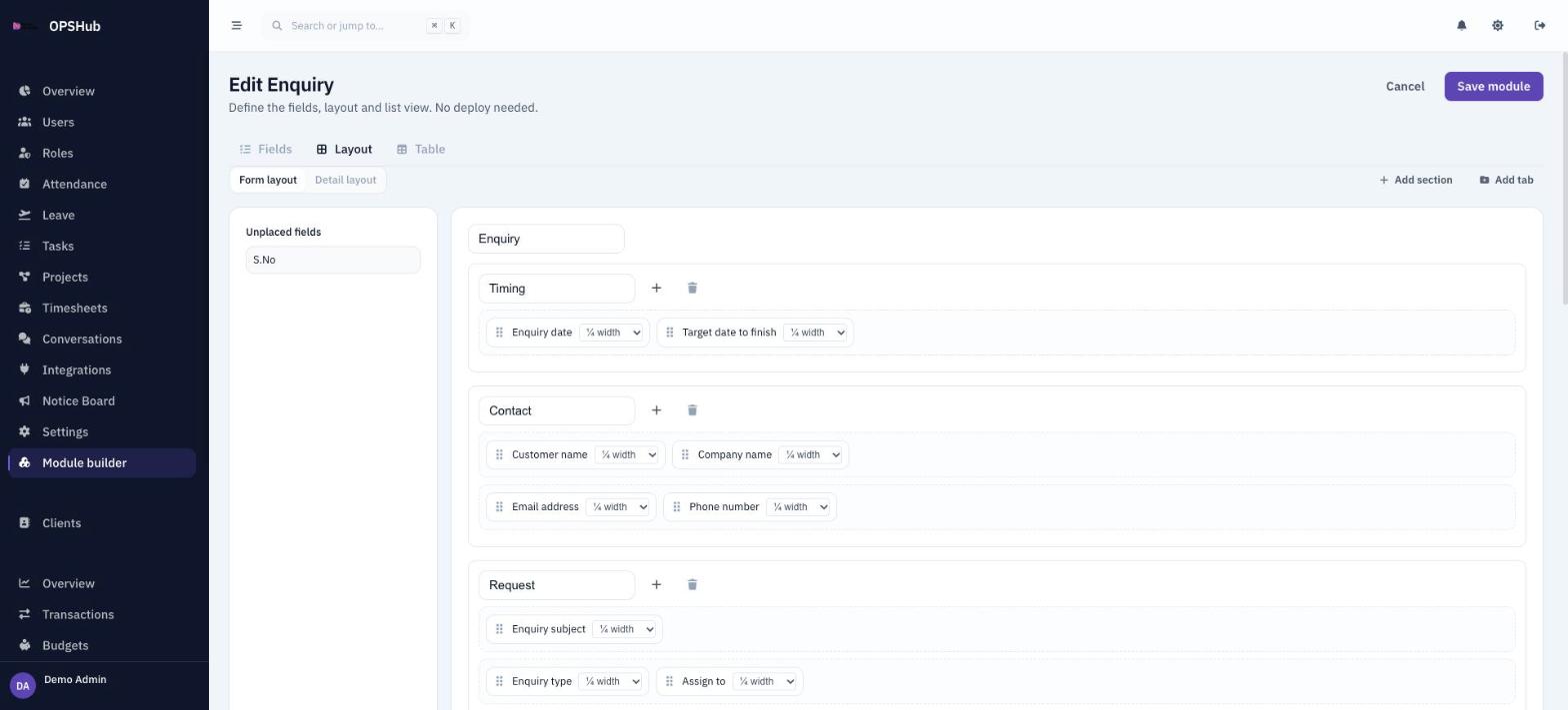 OpsHub module builder layout tab, arranging the Enquiry form into Timing, Contact and Request sections with fields placed on a four-column grid.
