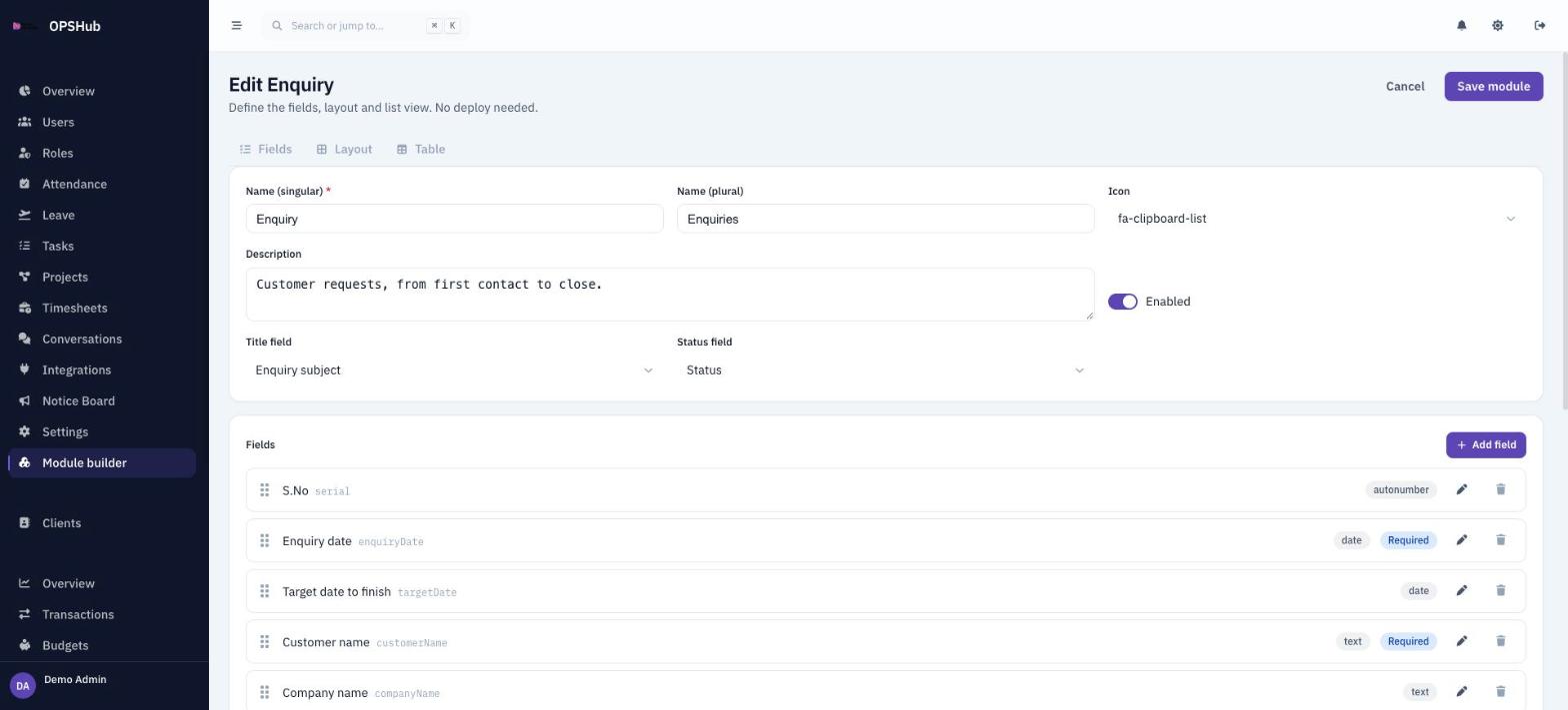OpsHub module builder editing an Enquiry module, with its name, icon, title field and status field above a draggable list of fields.