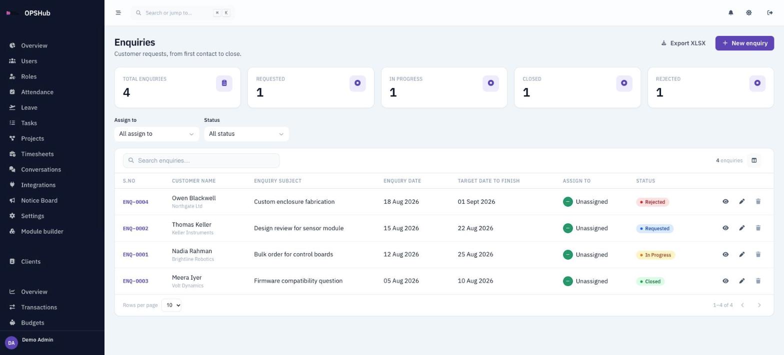 The resulting Enquiries list in OpsHub, with status counts, filters, a searchable table, an Export XLSX button and a New enquiry button.