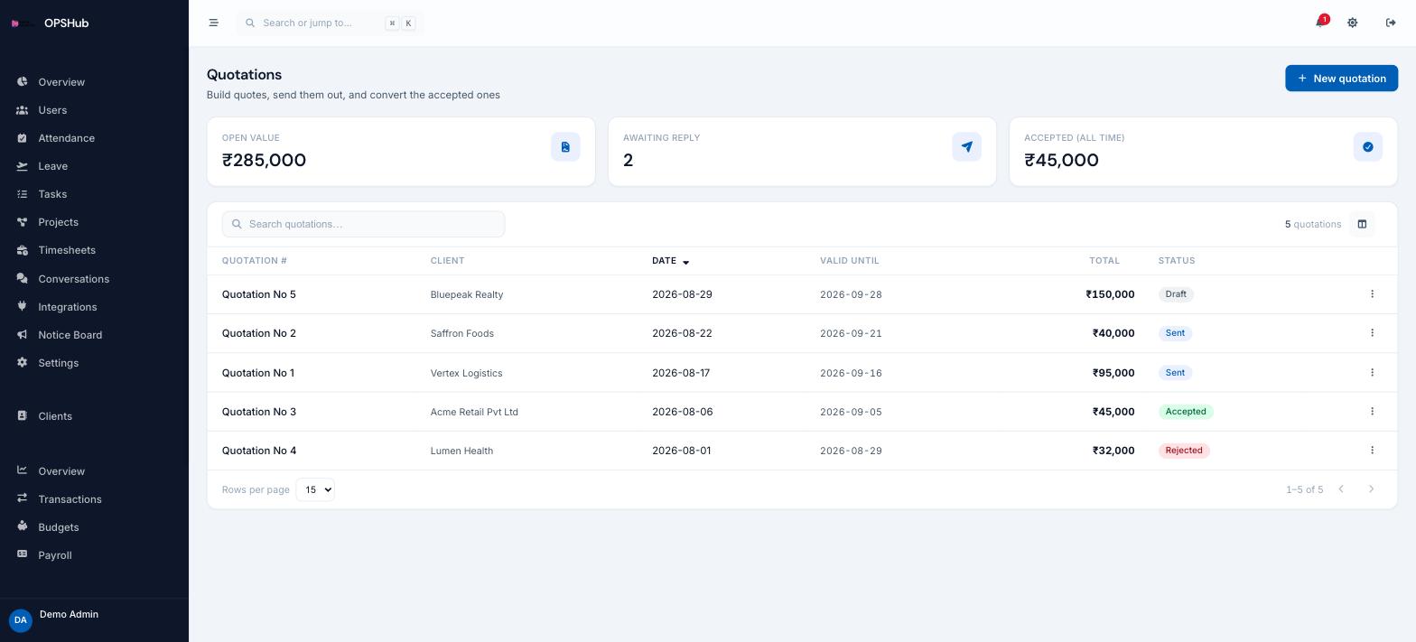 OpsHub quotations screen showing open value, awaiting reply and accepted totals above a table of quotations with number, client, date, valid-until date, total and status.