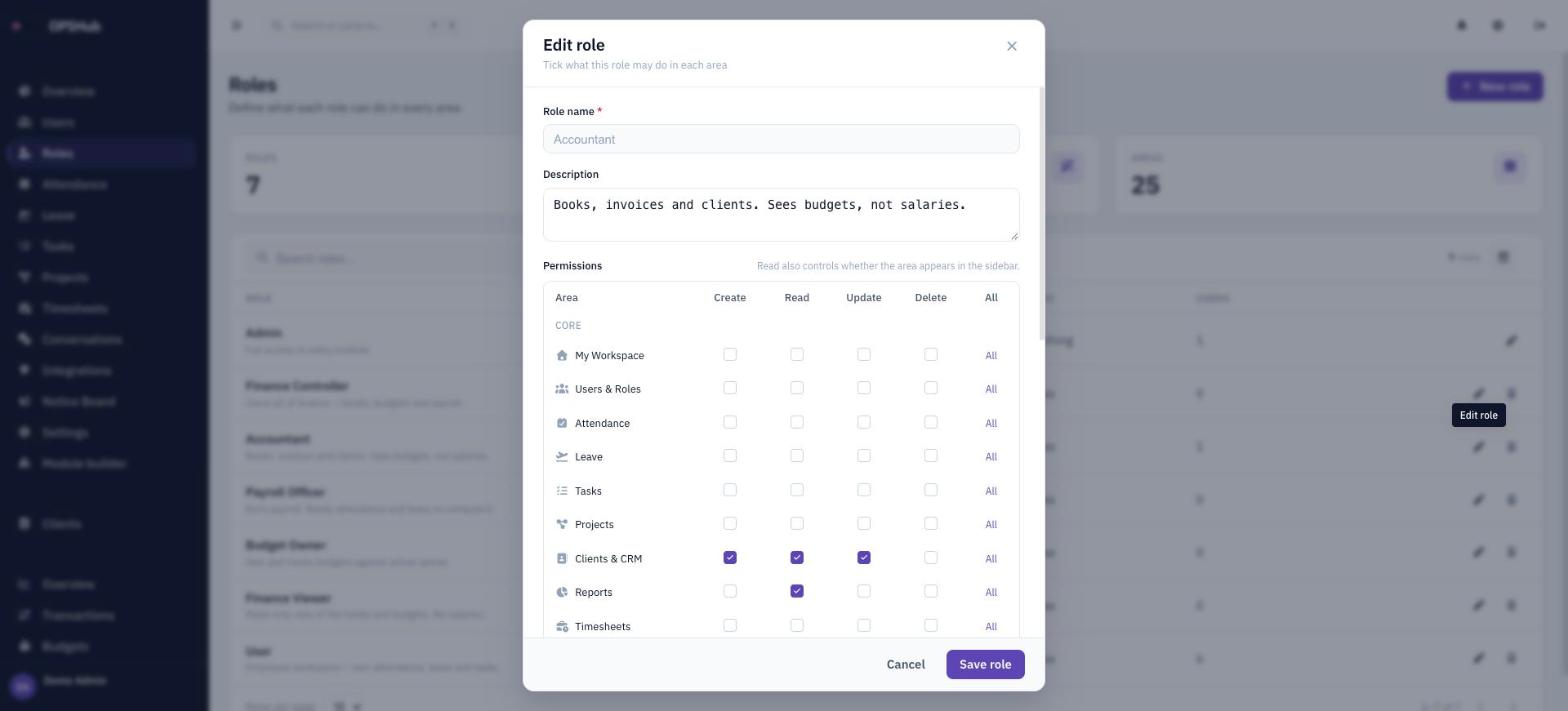 OpsHub role editor with a permission grid of create, read, update and delete checkboxes for each area, such as Clients and CRM and Reports.