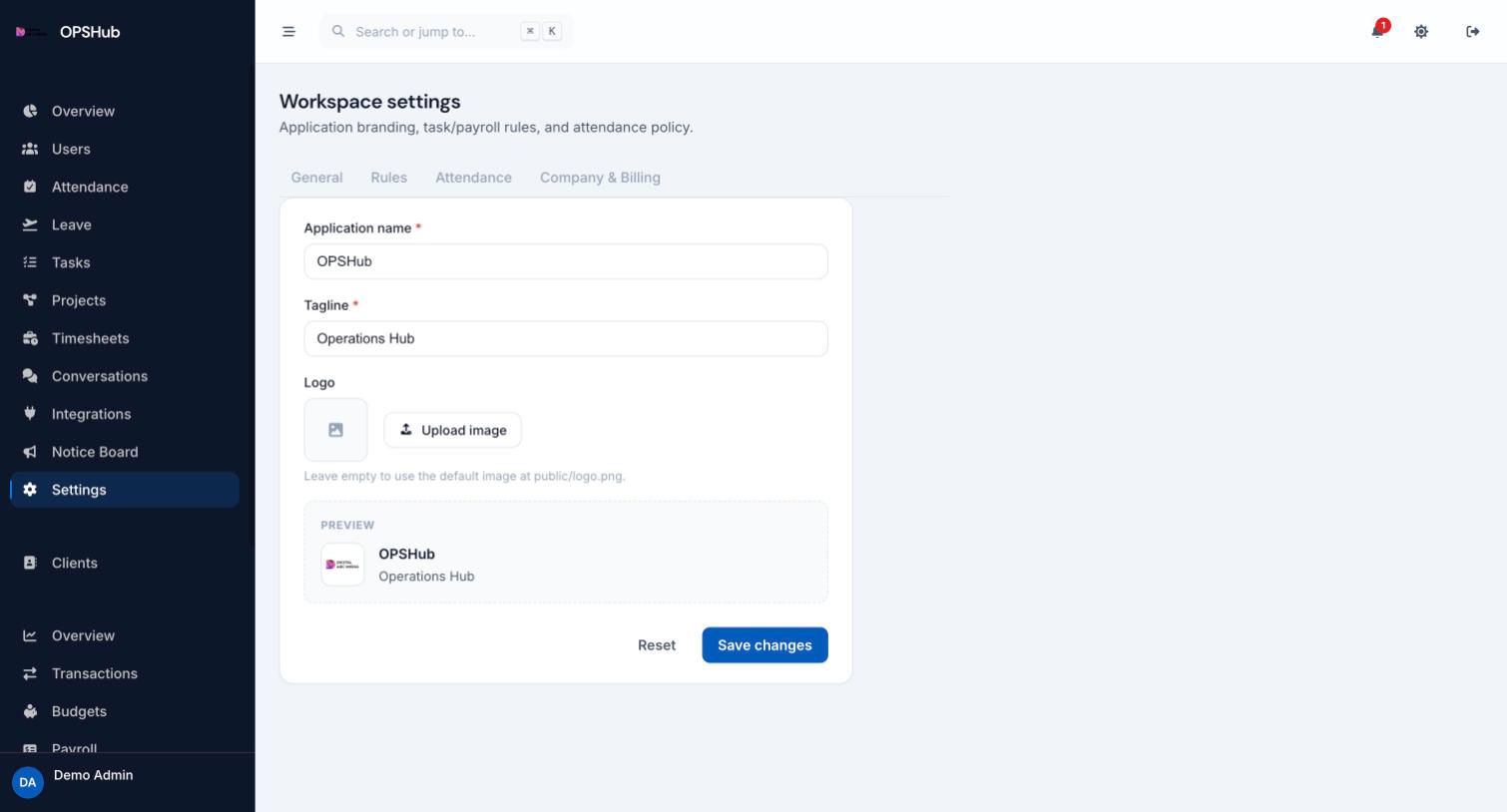 OpsHub admin settings showing workspace configuration and which feature modules are enabled.