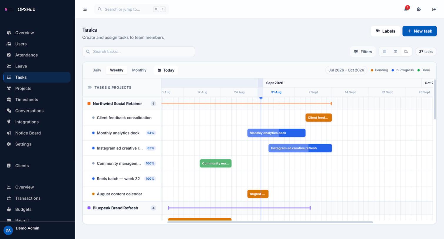 OpsHub Gantt timeline showing task bars across dates with project grouping and dependencies.